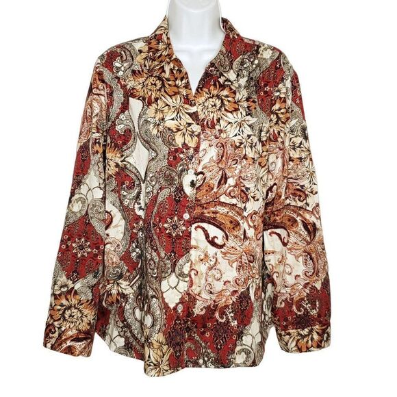 Chicos Button Down Blouse Shirt Sz 3 Long Sleeve Paisley Floral Baroque Red - Picture 1 of 6